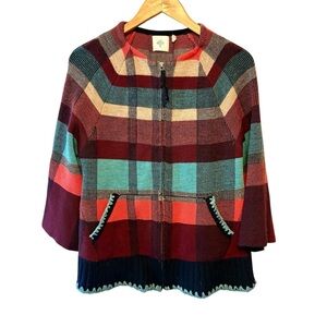 Anthopologie HWR Monogram Wool Blend Red Plaid Swing Cardigan Zip size Small